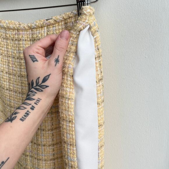 90s Vintage Yellow Plaid Tweed Pencil Skirt Sz 4-6 Pastel Light Academia Preppy - Picture 6 of 12